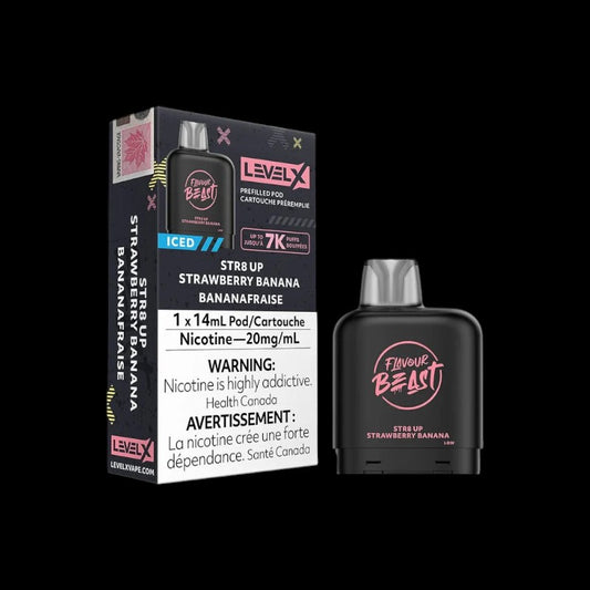 Level X Pod – 7K Puffs, Str8 up Strawberry Banana flavour pod with 20mg salt nicotine, engineered for bold taste and extended use, ideal for Ontario and Quebec vapers.