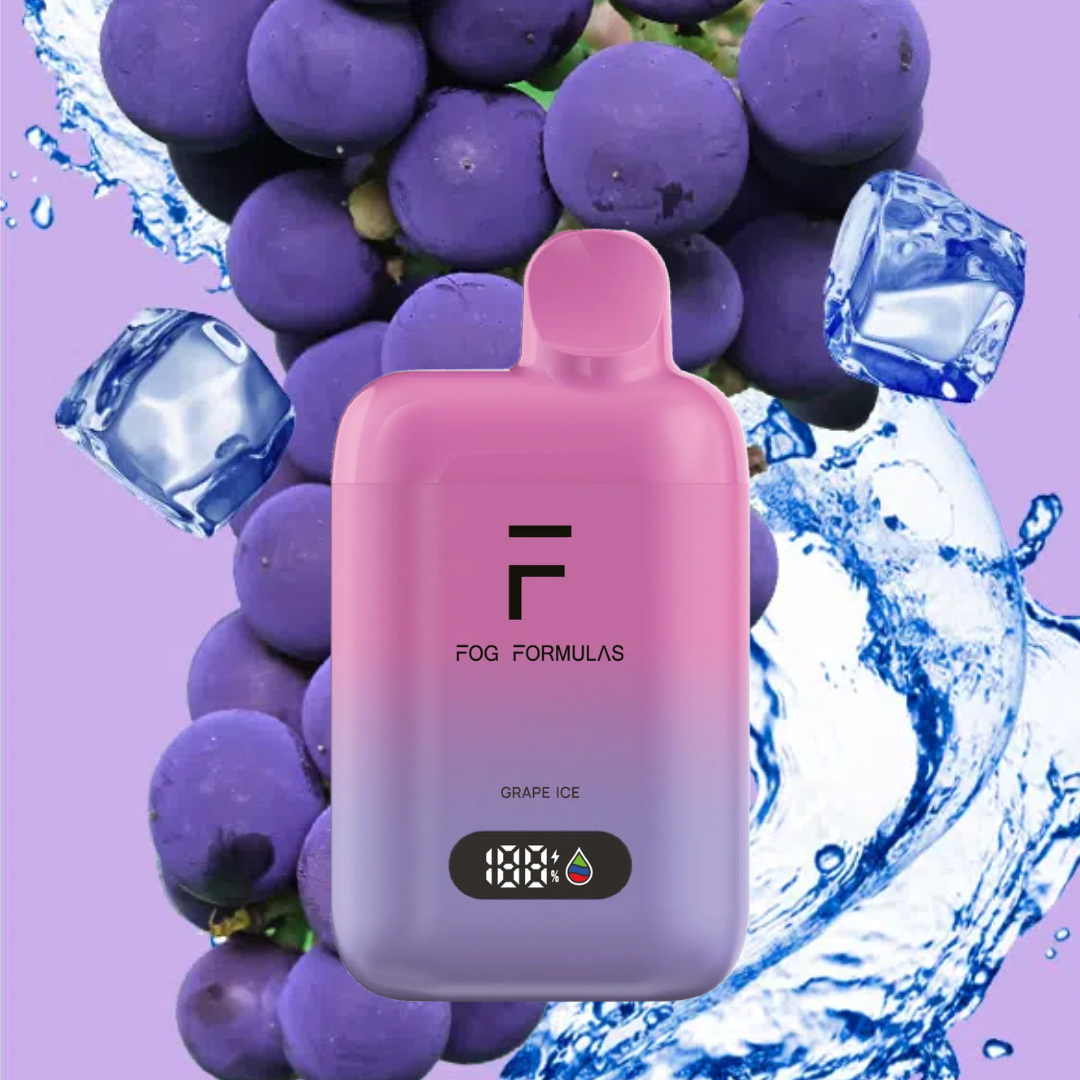 Series 15000 Disposable FOG Formulas Series with Grape Ice flavor and ice cubes against a purple grape background.