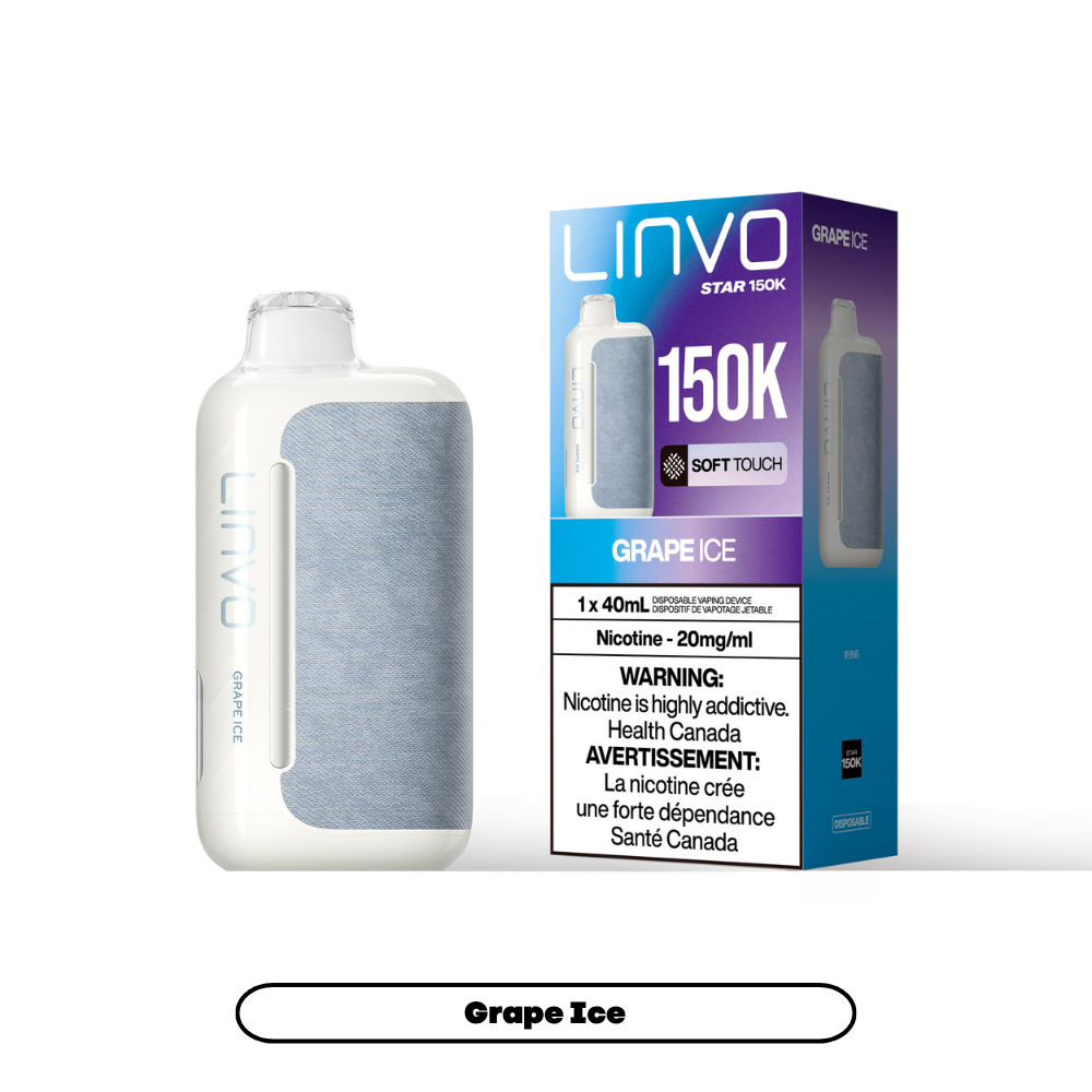 Linvo Star 150K disposable vape in Grape Ice flavour, 150,000 puffs, 20mg salt nicotine, available at Supa Vapes Canada.
