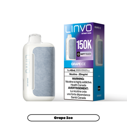 Linvo Star 150K disposable vape in Grape Ice flavour, 150,000 puffs, 20mg salt nicotine, available at Supa Vapes Canada.