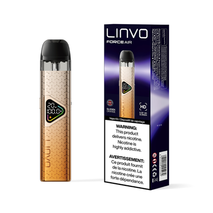 LINVO Force Air vape device and packaging on a white background with Golden Orange color