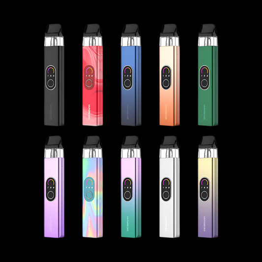 VAPORESSO XROS 4 Pod Kit, Black color, includes 0.4Ω and 0.8Ω mesh pods for rich flavor and all-day vaping, designed for Ontario and Quebec users.