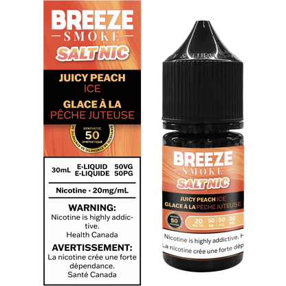 Breeze Smoke Salt Nic Juicy Peach Ice e-liquid bottle and packaging on a white background