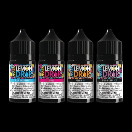 Lemon Drop Boost Salt 30 ML, Blue Raspberry flavour, refreshing sweet and tangy vape juice for smooth nicotine absorption, designed for Ontario and Quebec vapers.