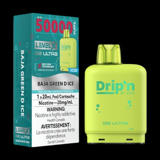 Level X Drip'n G2 Ultra Pod, Baja Green D Ice flavour, high-capacity dual mesh coil vaping pod with adjustable airflow, designed for Ontario and Quebec users.