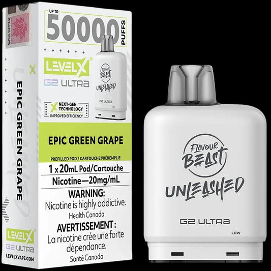 Flavour Beast Level X Unleashed Ultra G2 Pods, Epic Blue Razz flavour pod with 20mg nicotine strength, delivering up to 50,000 puffs, adjustable wattage compatibility, designed for Ontario and Quebec vapers.