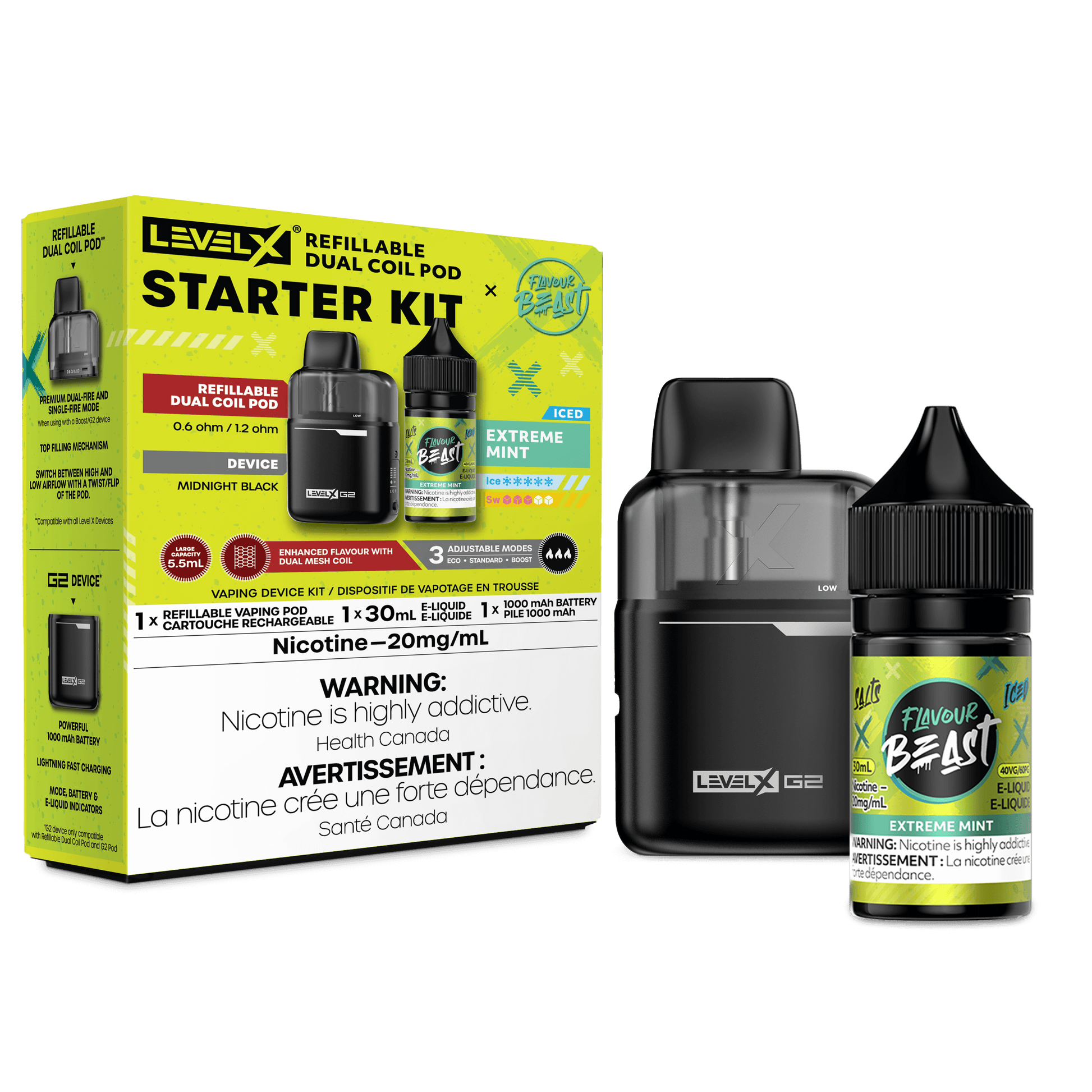 Discover the Level X Starter Kit with refillable pods, G2 Base and Flavour Beast Salt Nic E-Liquid. Perfect bundle for smooth vaping in Ontario & Quebec!