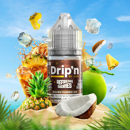 DRIP'N Refresh Series Salt 30mL bottle surrounded by tropical fruits and ice for a refreshing vaping experience.