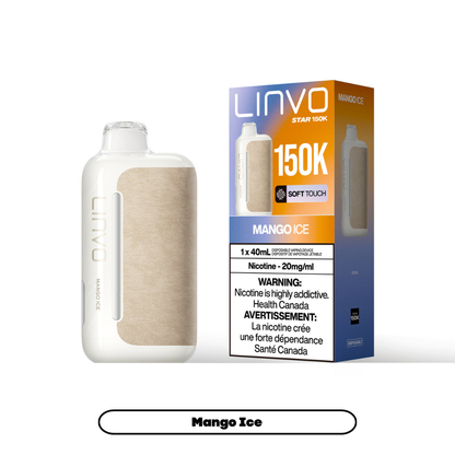 Linvo Star 150K disposable vape in Mango Ice flavour, 150,000 puffs, 20mg salt nicotine, available at Supa Vapes Canada.