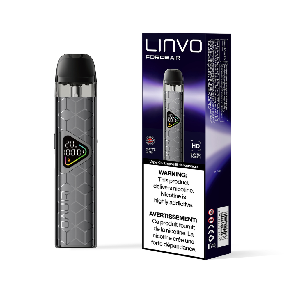 LINVO Force Air vape device and packaging on a white background with Matte Gray color