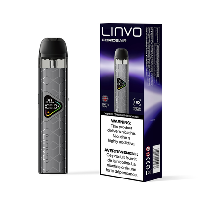 LINVO Force Air vape device and packaging on a white background with Matte Gray color