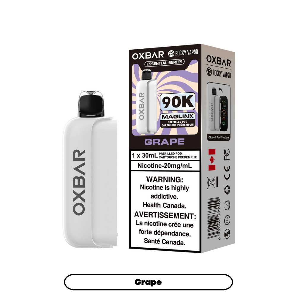 OXBAR 90K vape prerfilled pod device and packaging on a white background