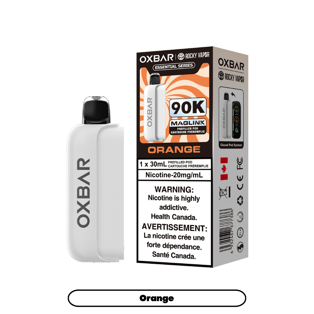 OXBAR 90K vape prerfilled pod device and packaging on a white background