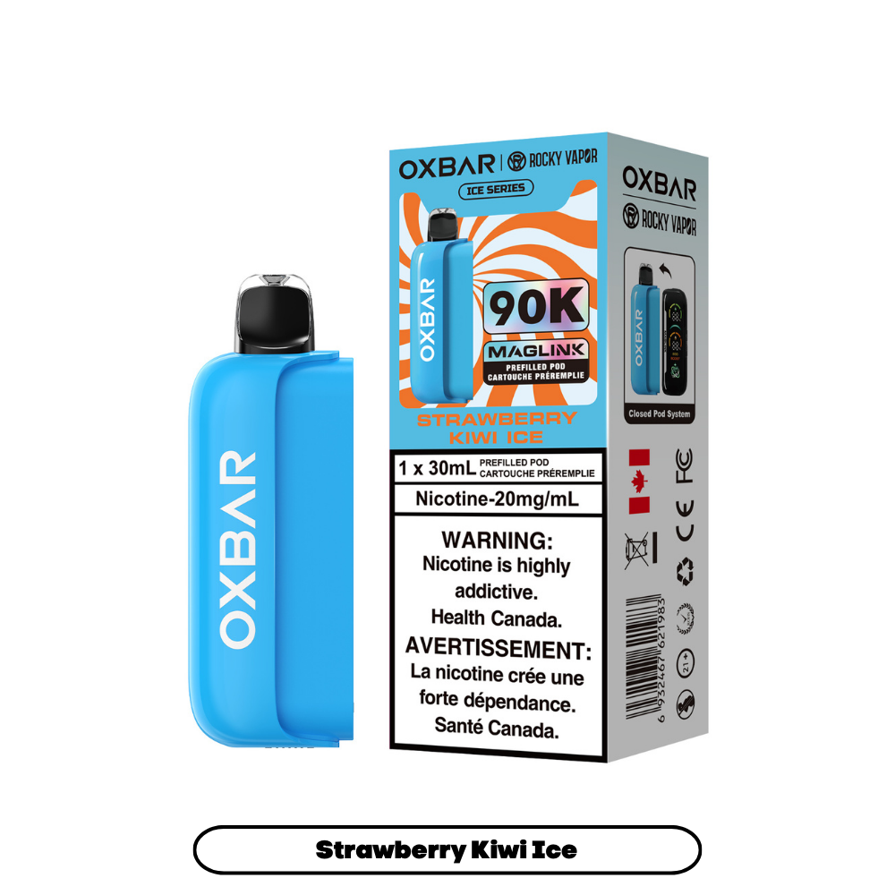 OXBAR 90K vape prerfilled pod device and packaging on a white background