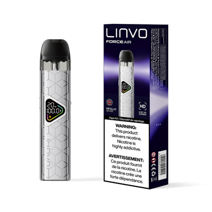 LINVO Force Air vape device and packaging on a white background with Metallic Silver color