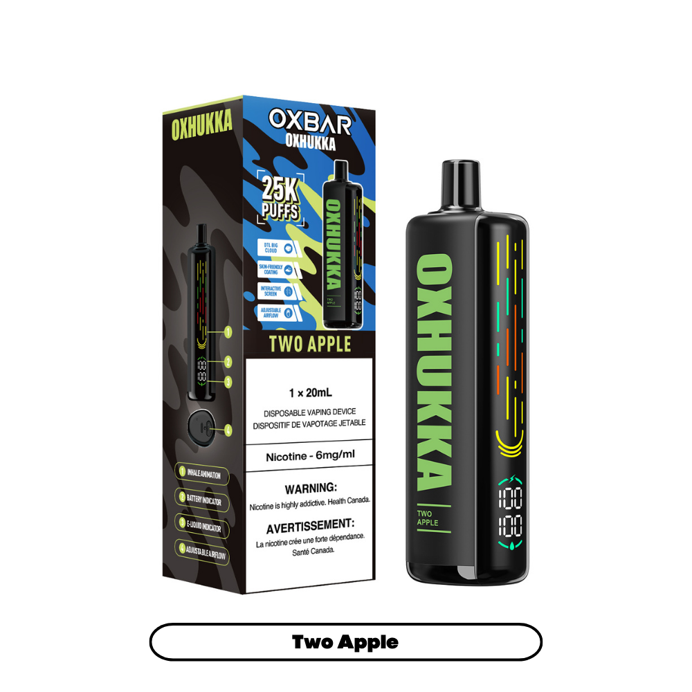 OXBAR Oxhukka Blueberry Lemon flavour rechargeable disposable vape with 20mg/mL nicotine strength, delivers up to 25,000 puffs, designed for direct-to-lung cloud enthusiasts in Ontario and Quebec.