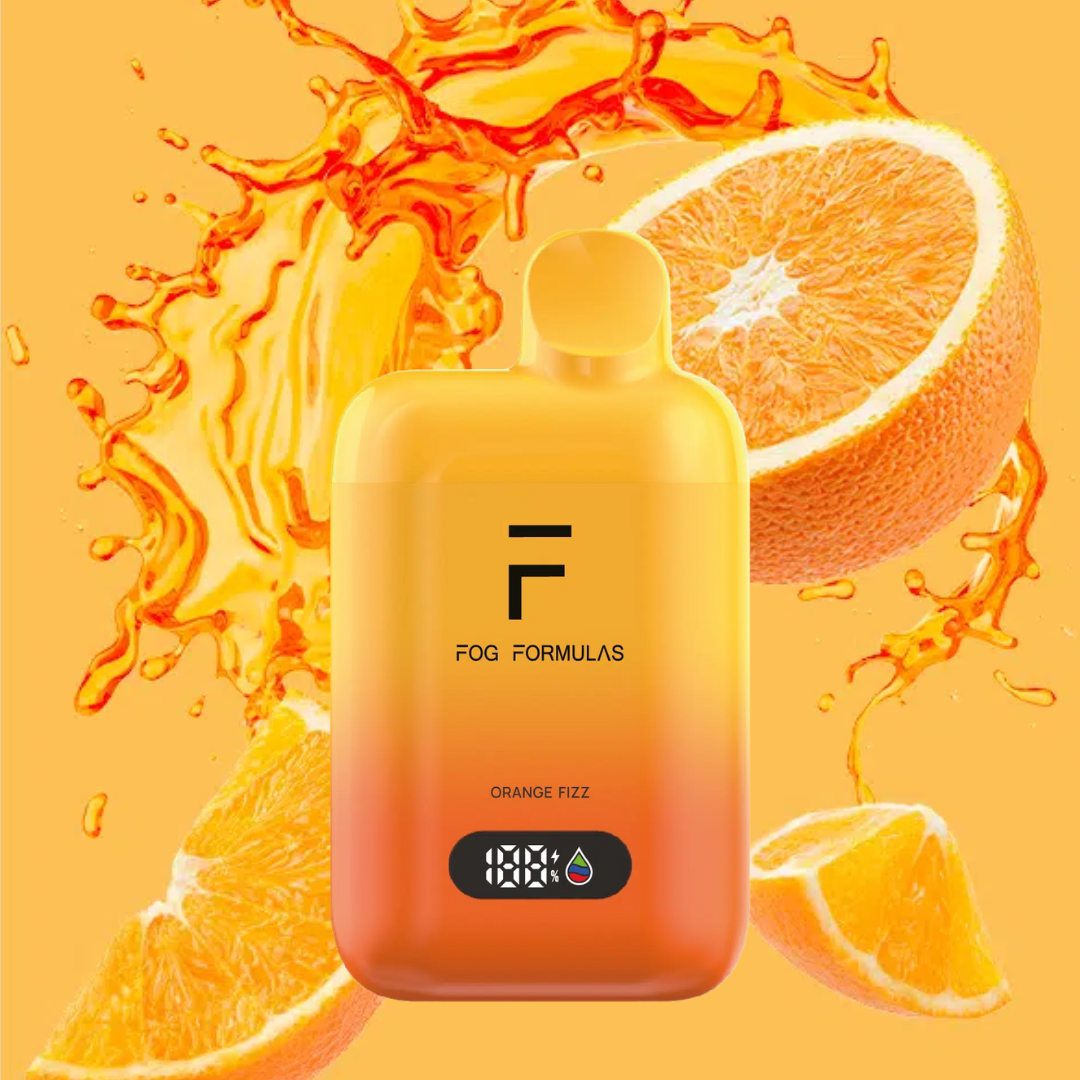 Series 15000 Disposable FOG Formulas Series device with Orange Fizz flavor and splash of orange juice behind it