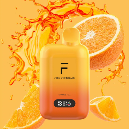 Series 15000 Disposable FOG Formulas Series device with Orange Fizz flavor and splash of orange juice behind it