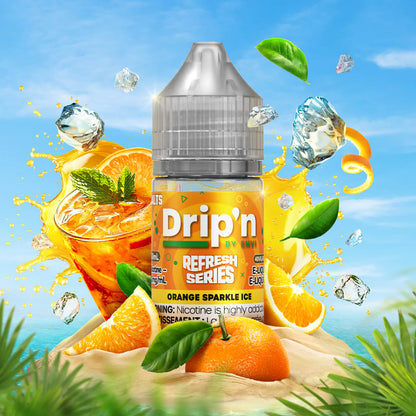 DRIP'N Refresh Series Salt 30mL bottle with Orange Sparkle Ice flavor, tropical background, and ice effects.