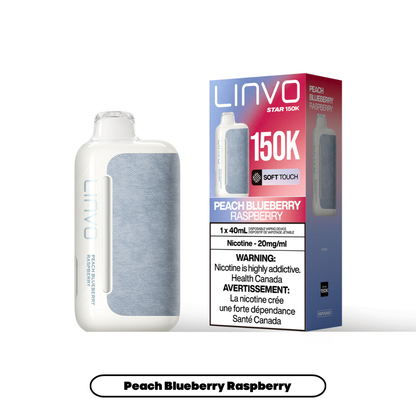 Linvo Star 150K disposable vape in Peach Blueberry Raspberry flavour, 150,000 puffs, 20mg salt nicotine, available at Supa Vapes Canada.