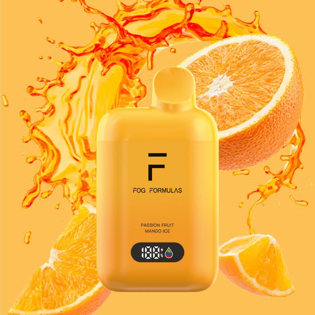 Series 15000 Disposable FOG Formula in Passion Fruit Mango Ice flavor with citrus splash background.