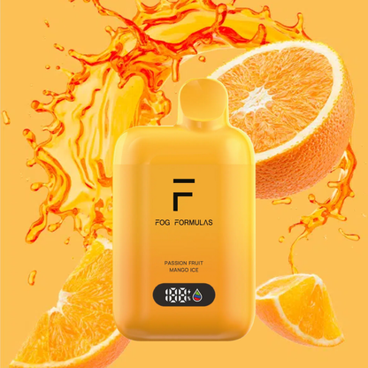 Series 15000 Disposable FOG Formula in Passion Fruit Mango Ice flavor with citrus splash background.