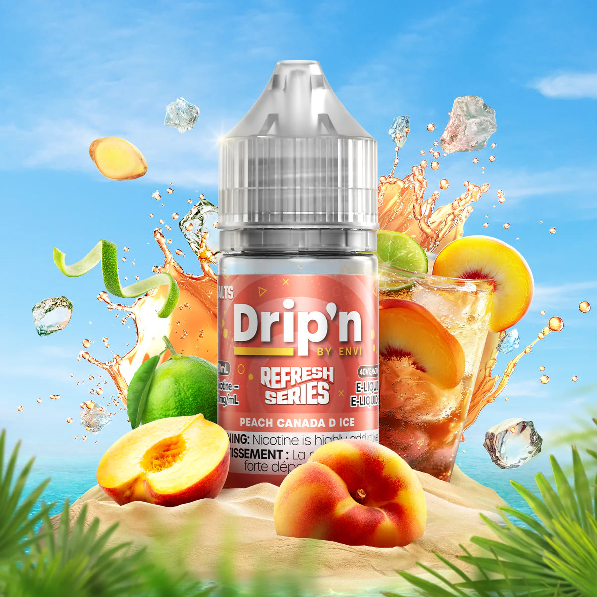 DRIP'N Refresh Series Salt 30mL bottle surrounded by peach and tropical elements, perfect for all-day vaping.