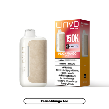 Linvo Star 150K disposable vape in Peach Mango Ice flavour, 150,000 puffs, 20mg salt nicotine, available at Supa Vapes Canada.