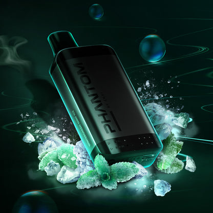 Vape device with 'PHANTOM' branding surrounded by ice and mint leaves on a dark background