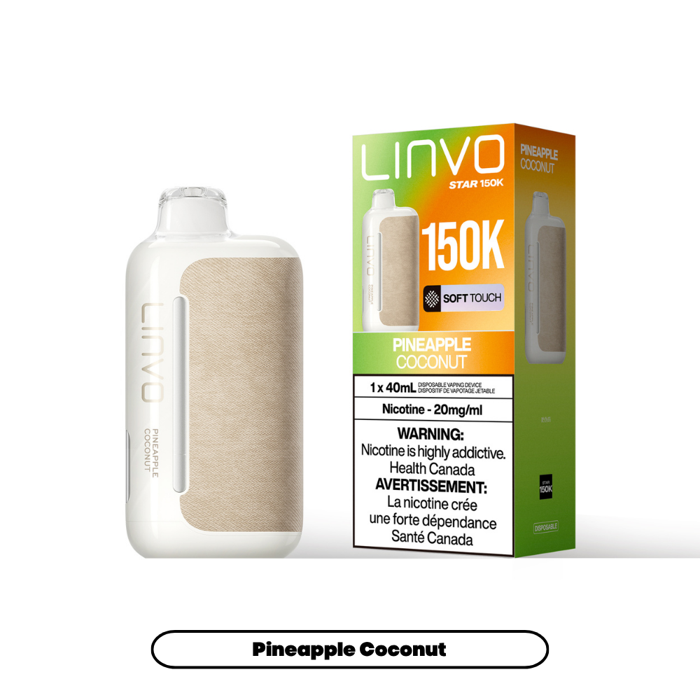 Linvo Star 150K disposable vape in Pineapple Coconut flavour, 150,000 puffs, 20mg salt nicotine, available at Supa Vapes Canada.
