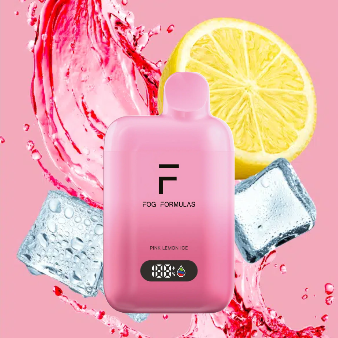 Series 15000 Disposable FOG Formulas Series – Pink Lemon Ice flavor with ice cubes and lemon slice background.