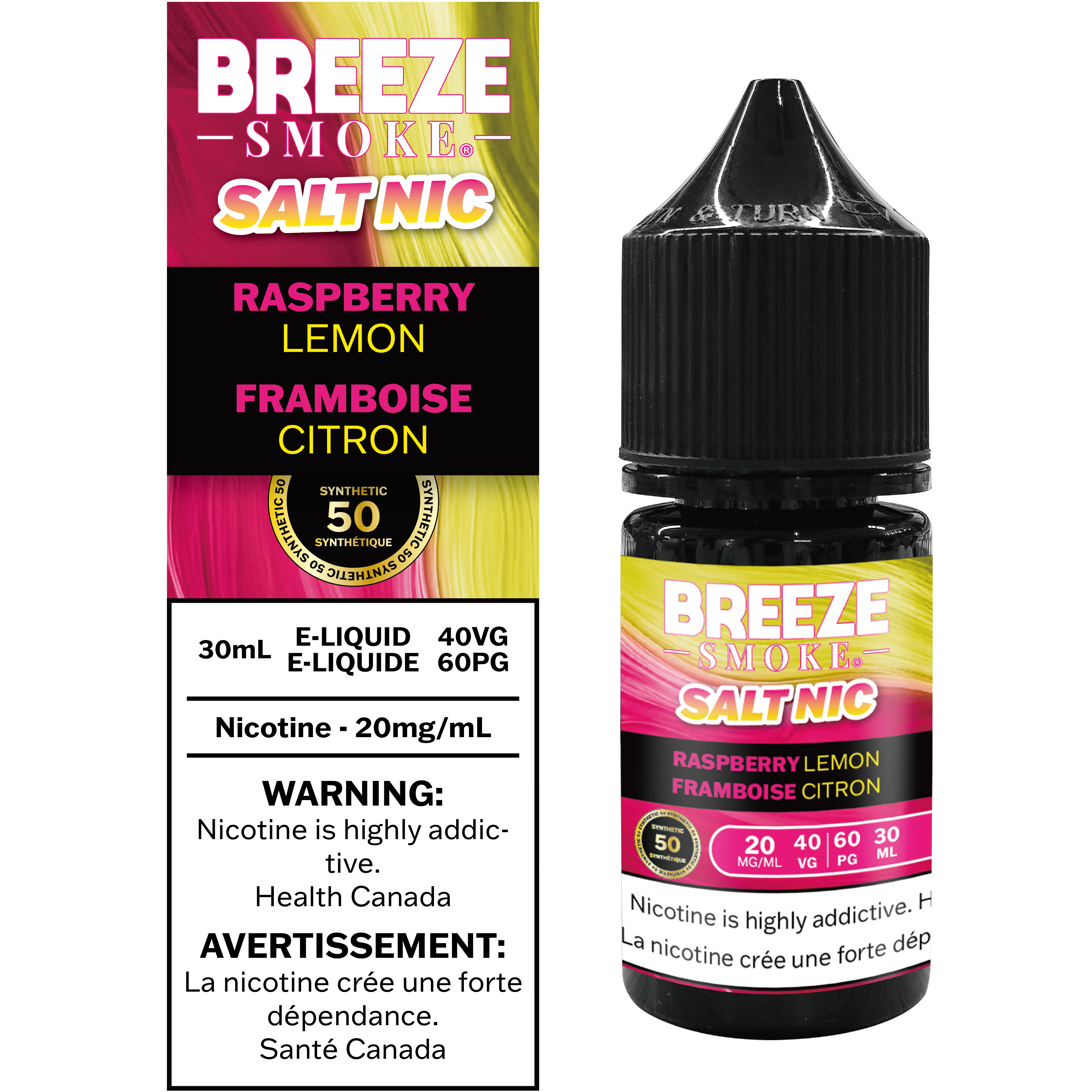 Breeze Smoke disposable vaping device packaging with raspberry lemon flavor on a white background