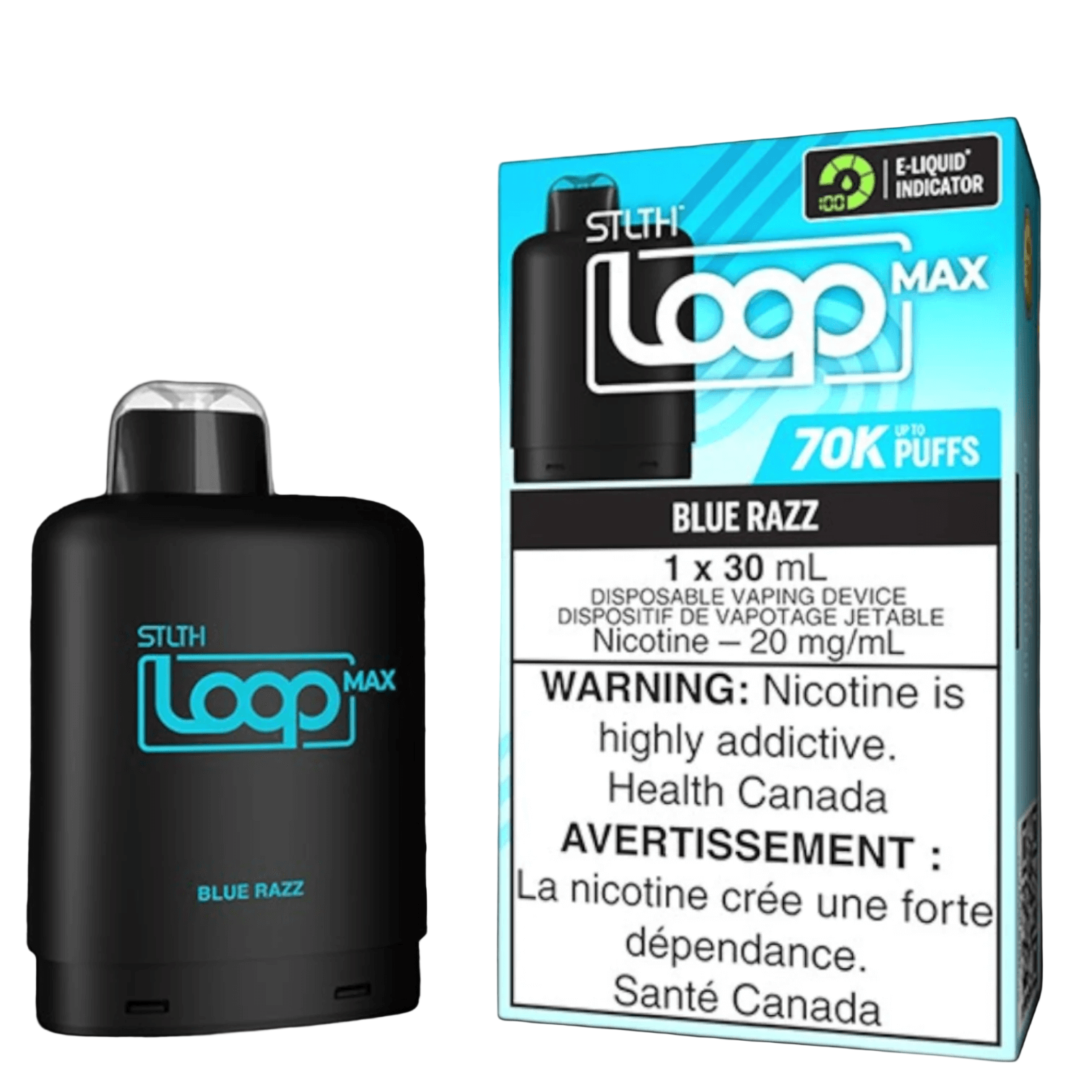 STLTH Loop MAX, Blue Razz flavour with smooth or boost vaping mode, long-lasting satisfaction and rich taste, ideal for Ontario and Quebec vape enthusiasts.