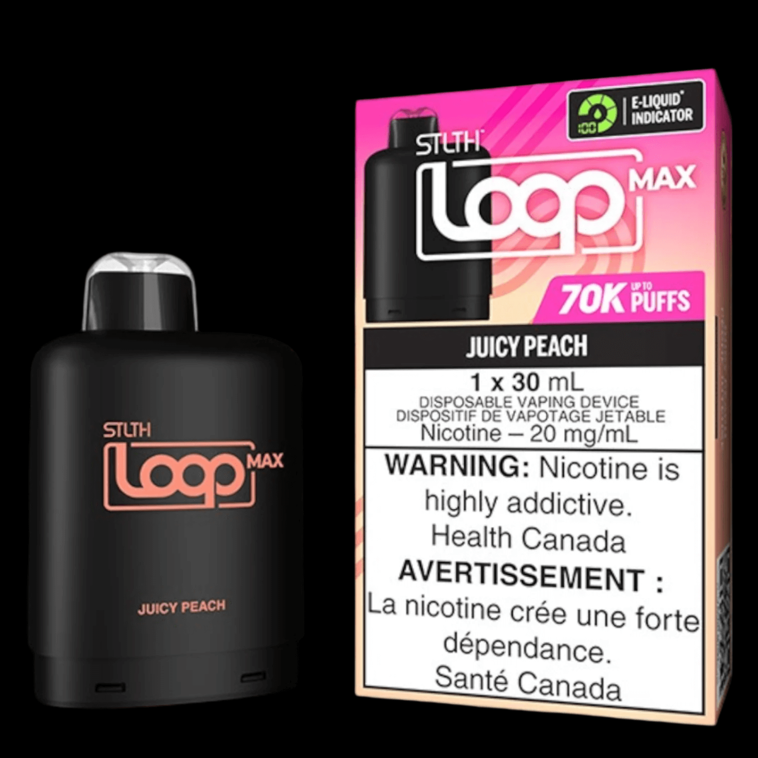 STLTH loop MAX Juicy Peach Ice - flavor-rich disposable vape for everyday satisfaction, available in Hawkesbury, Ottawa, and across Ontario.
