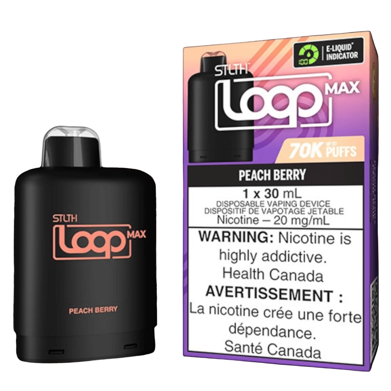 STLTH Loop MAX, Peach Berry flavour, rechargeable vape device with smooth vape and up to 70,000 puffs, designed for Ontario and Quebec vapers.