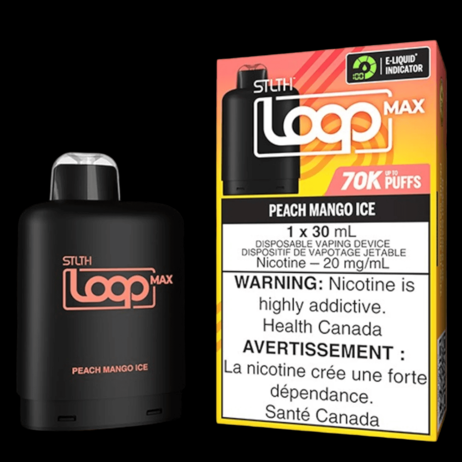 STLTH loop MAX Peach Mango Ice - flavor-rich disposable vape for everyday satisfaction, available in Hawkesbury, Ottawa, and across Ontario.