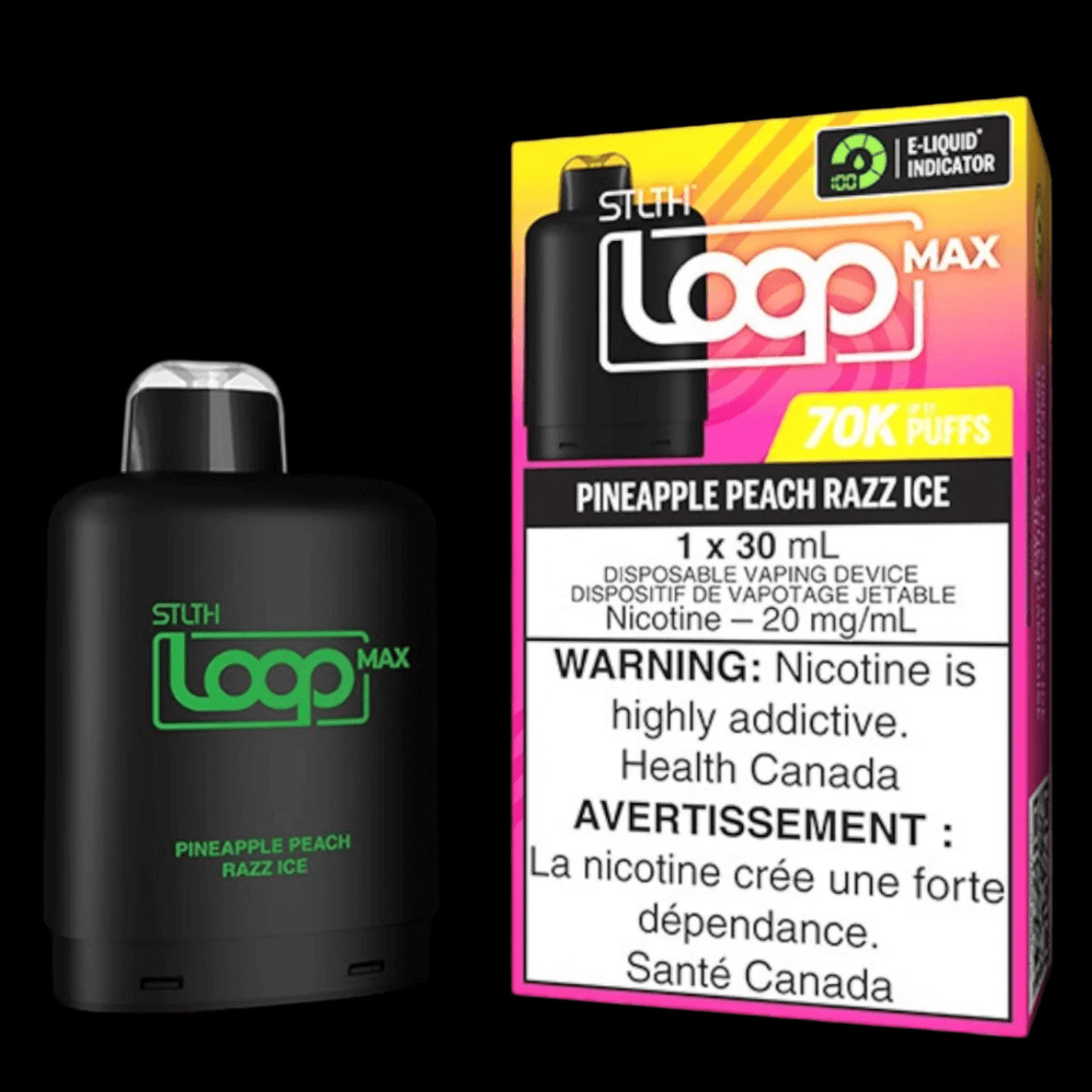 STLTH loop MAX Pineapple Peach Razz Ice - flavor-rich disposable vape for everyday satisfaction, available in Hawkesbury, Ottawa, and across Ontario.