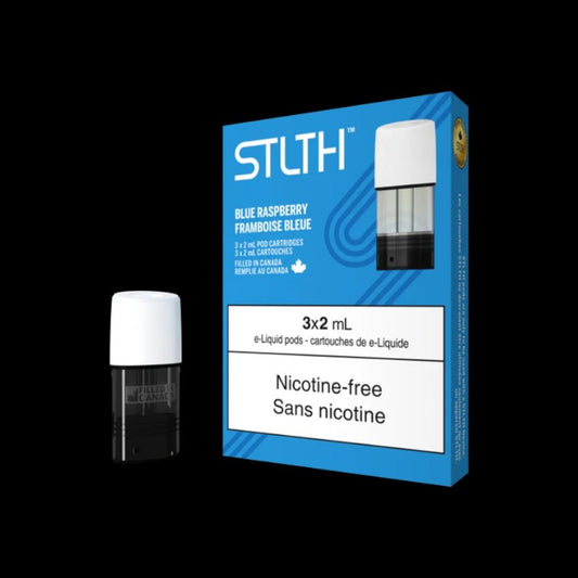 STLTH 0 NIC ZERO NIC pod, Blue Raspberry flavour, zero nicotine, rich flavour and smooth draw, ideal for Ontario and Quebec vapers transitioning away from nicotine.