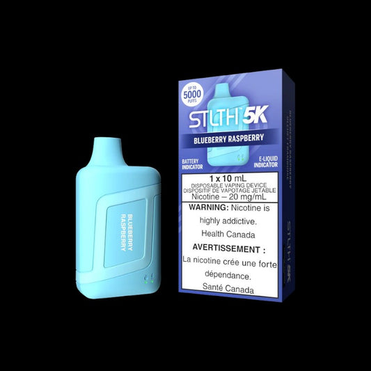 STLTH 5K Disposable, Blue Berry Raspberry flavour, smooth taste with up to 5,000 puffs, designed for Ontario and Quebec vape enthusiasts.