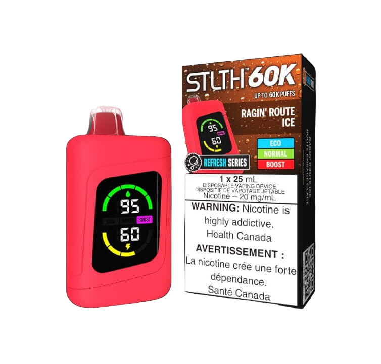 STLTH 60K, Ragin' Route Ice flavour, refreshing taste with reliable performance, fast USB Type-C charging, ideal for vapers in Ontario and Quebec.