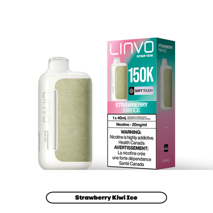Linvo Star 150K disposable vape in Strawberry Kiwi Ice flavour, 150,000 puffs, 20mg salt nicotine, available at Supa Vapes Canada.