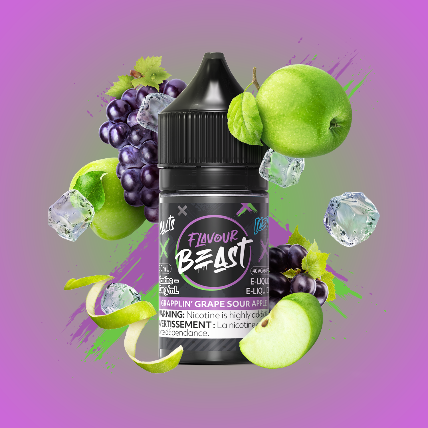 Salt Nicotine Flavour: Grapplin Grape Sour Apple Iced MG: 20mg Flavour Beast e-liquid salt (30ML) | Supa Vapes - Hawkesbury, Ottawa & Ontario Vape Shop