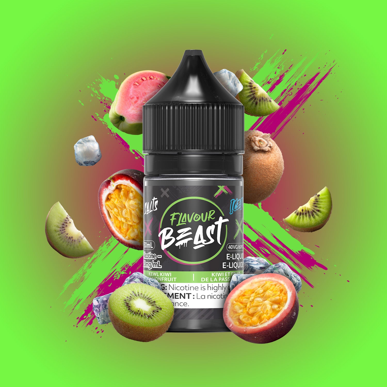 Salt Nicotine Flavour: Kewl Kiwi Passionfruit MG: 20mg Flavour Beast e-liquid salt (30ML) | Supa Vapes - Hawkesbury, Ottawa & Ontario Vape Shop