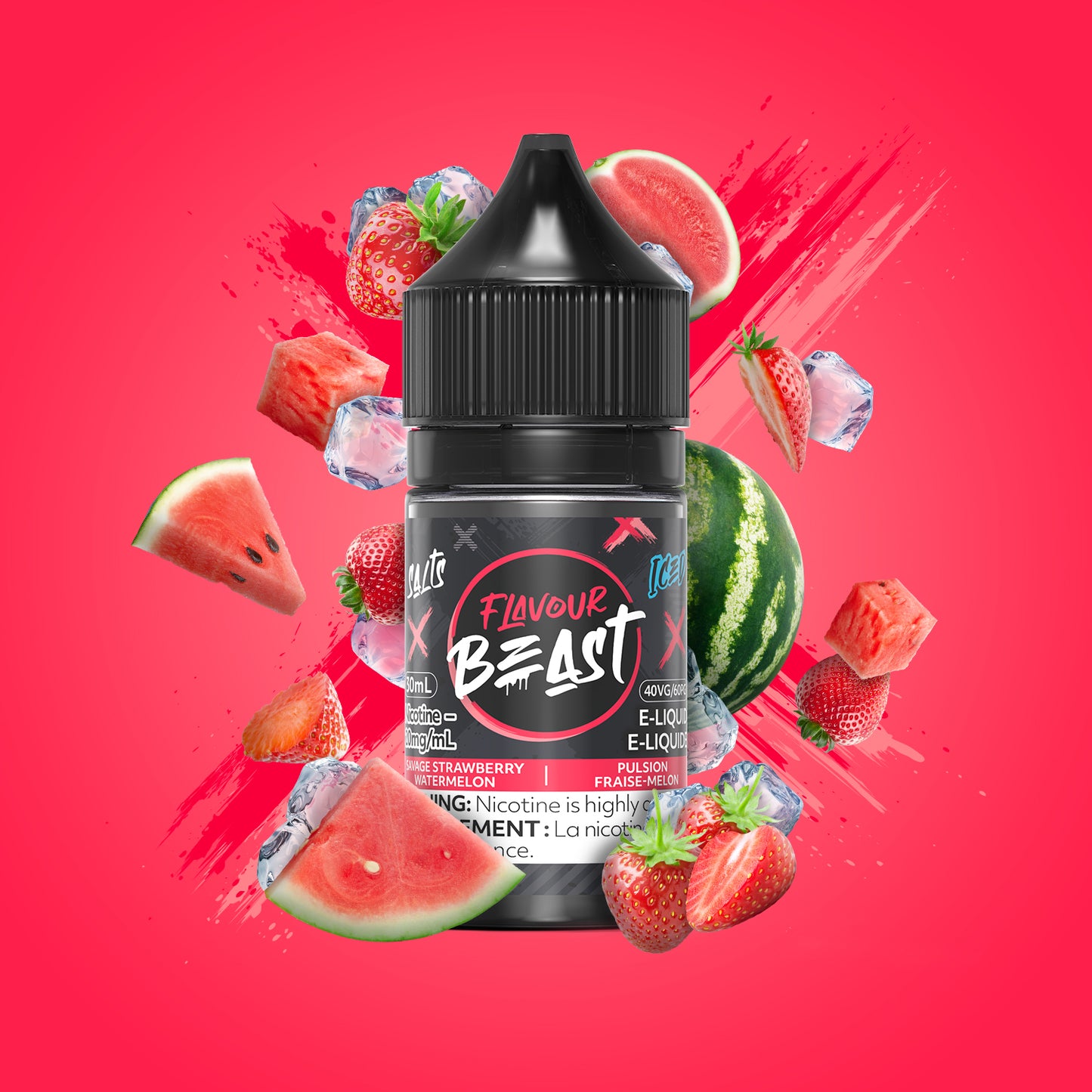 Salt Nicotine Flavour: Savage Strawberry Watermelon Iced MG: 20mg Flavour Beast e-liquid salt (30ML) | Supa Vapes - Hawkesbury, Ottawa & Ontario Vape Shop