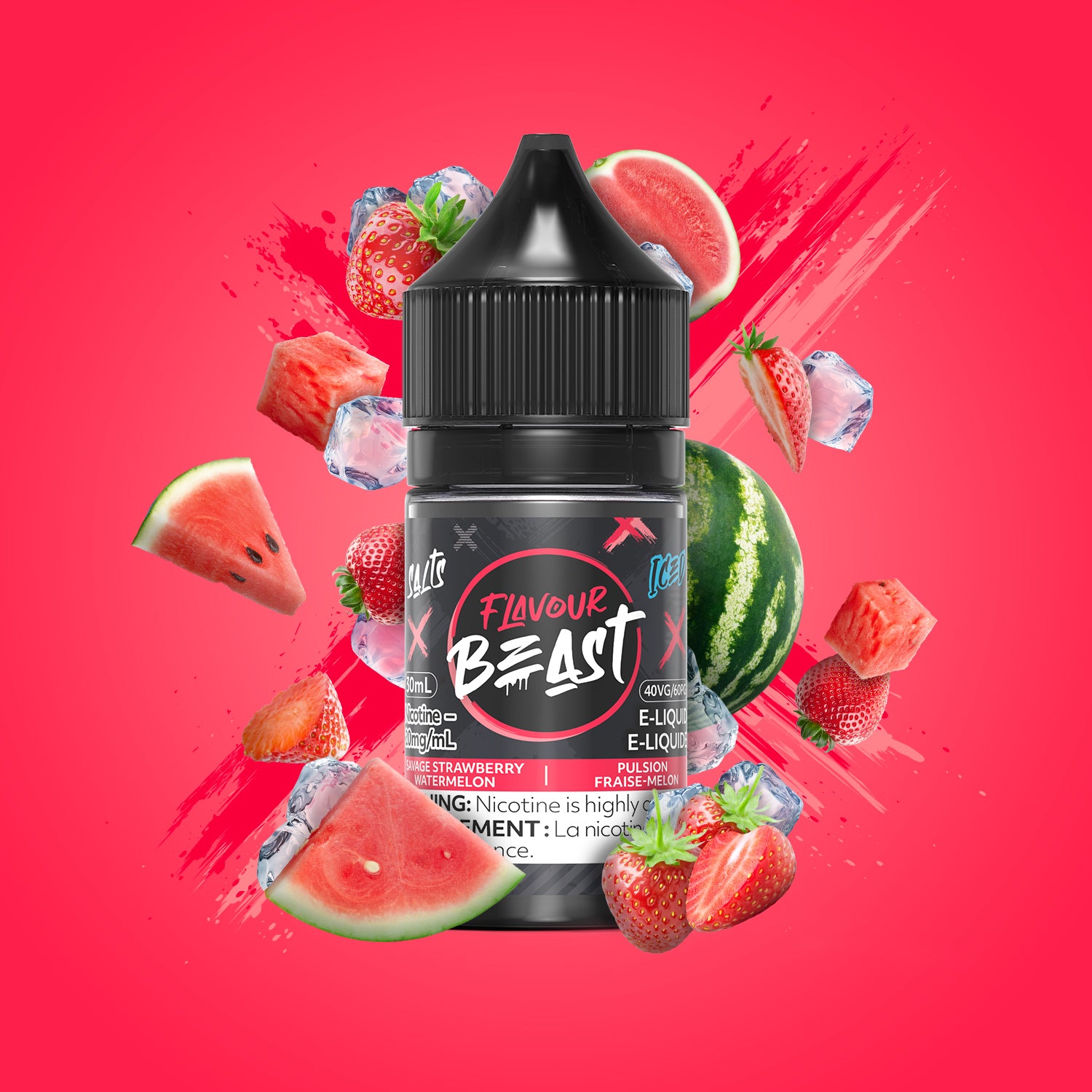 Salt Nicotine Flavour: Savage Strawberry Watermelon Iced MG: 20mg Flavour Beast e-liquid salt (30ML) | Supa Vapes - Hawkesbury, Ottawa & Ontario Vape Shop