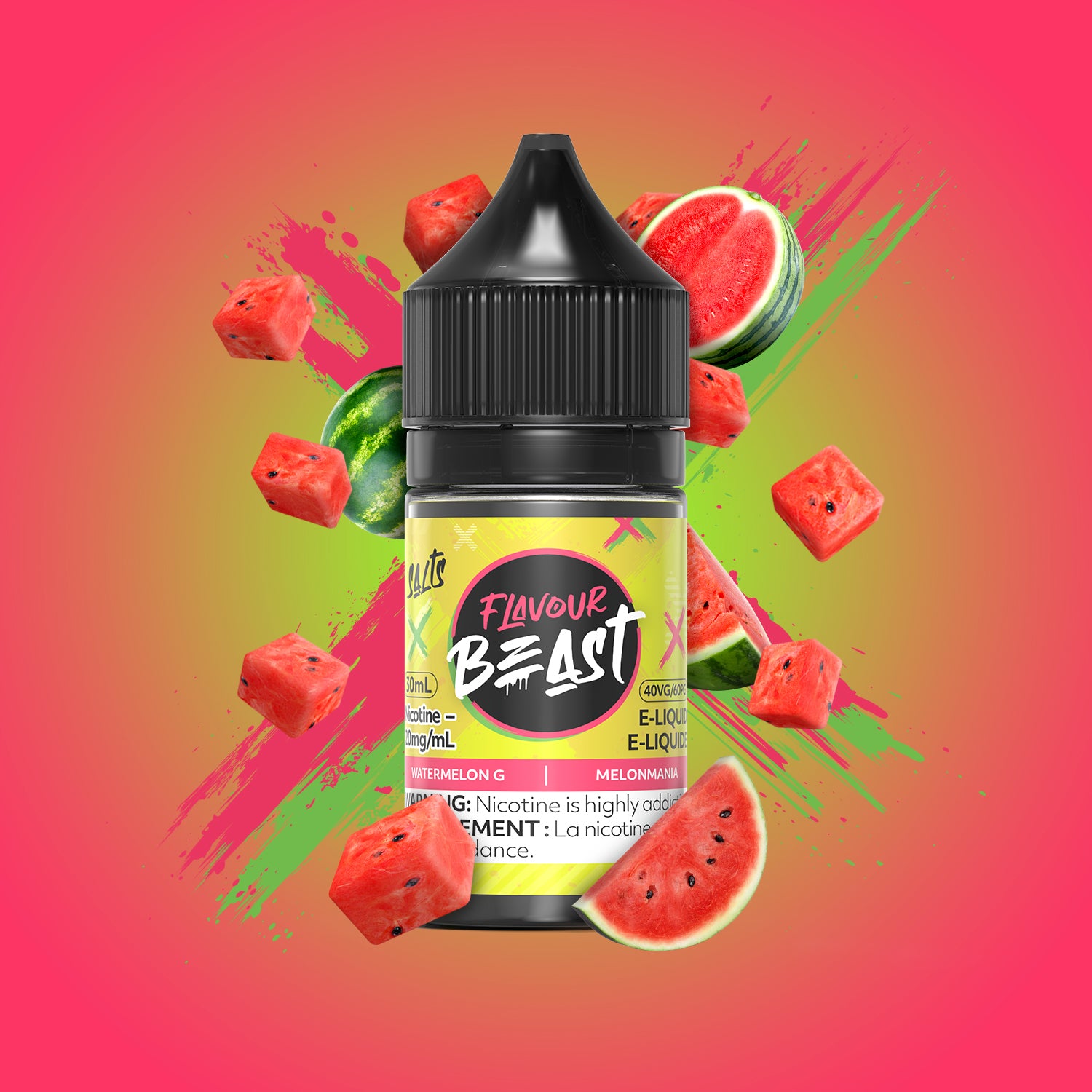 Flavour Beast E-Liquid Salt 30mL, Savage Strawberry Watermelon Iced flavour with 20mg nicotine salt, intense and smooth vaping experience, designed for Ontario and Quebec vapers.