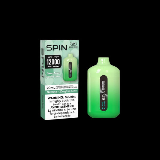 Spin 20mL disposable vape, Green Apple flavour, Buy 2 Get 1 Free offer, long-lasting 12K puffs, consistent performance, ideal for Ontario and Quebec vapers.