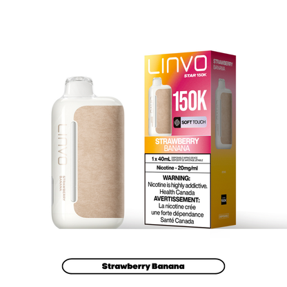 Linvo Star 150K disposable vape in Strawberry Banana flavour, 150,000 puffs, 20mg salt nicotine, available at Supa Vapes Canada.