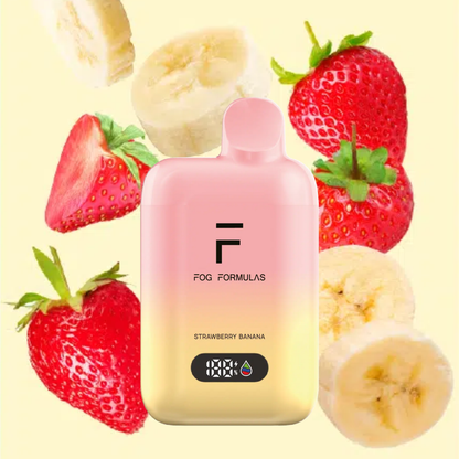 Series 15000 Disposable FOG Formulas Series in Strawberry Banana flavor with strawberries and bananas in the background.