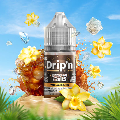 DRIP'N Refresh Series Salt 30mL bottle with tropical flowers and ice, featuring Vanilla R.B. Ice flavor.
